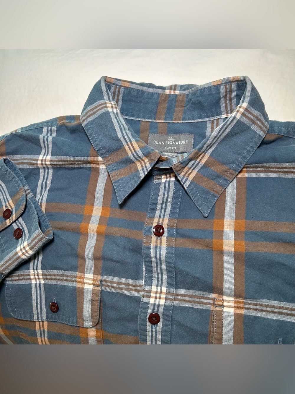 L.L. Bean Signature Slim Fit Plaid Men’s Medium 100% Cotton Blue Orange Button